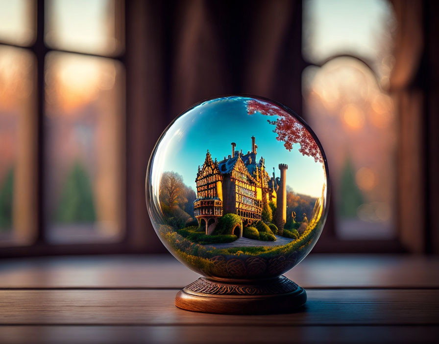 Crystal Ball Reflecting Beautiful Sunset Scene with House and Trees