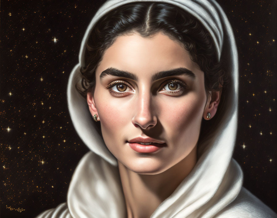 Digital painting of woman with olive skin and dark hair in white scarf against starry backdrop