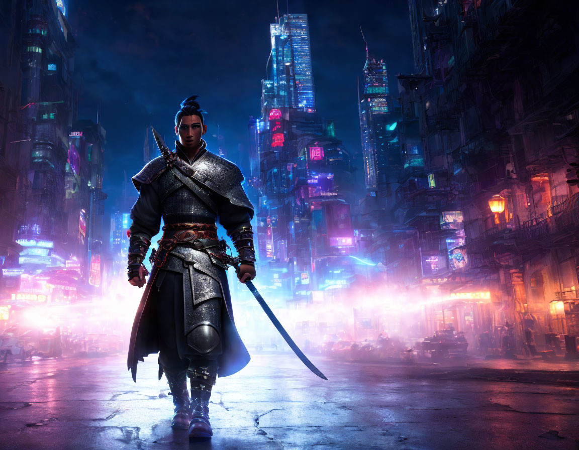 Warrior in traditional armor with sword in neon-lit futuristic city