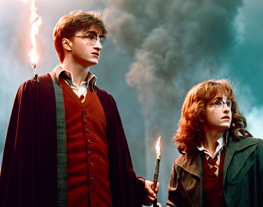 Young people in wizard robes with wands and torch in smoky setting