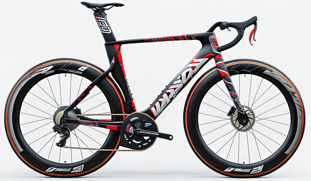 Black and Red Road Racing Bicycle with Aerodynamic Frame and Disc Brakes