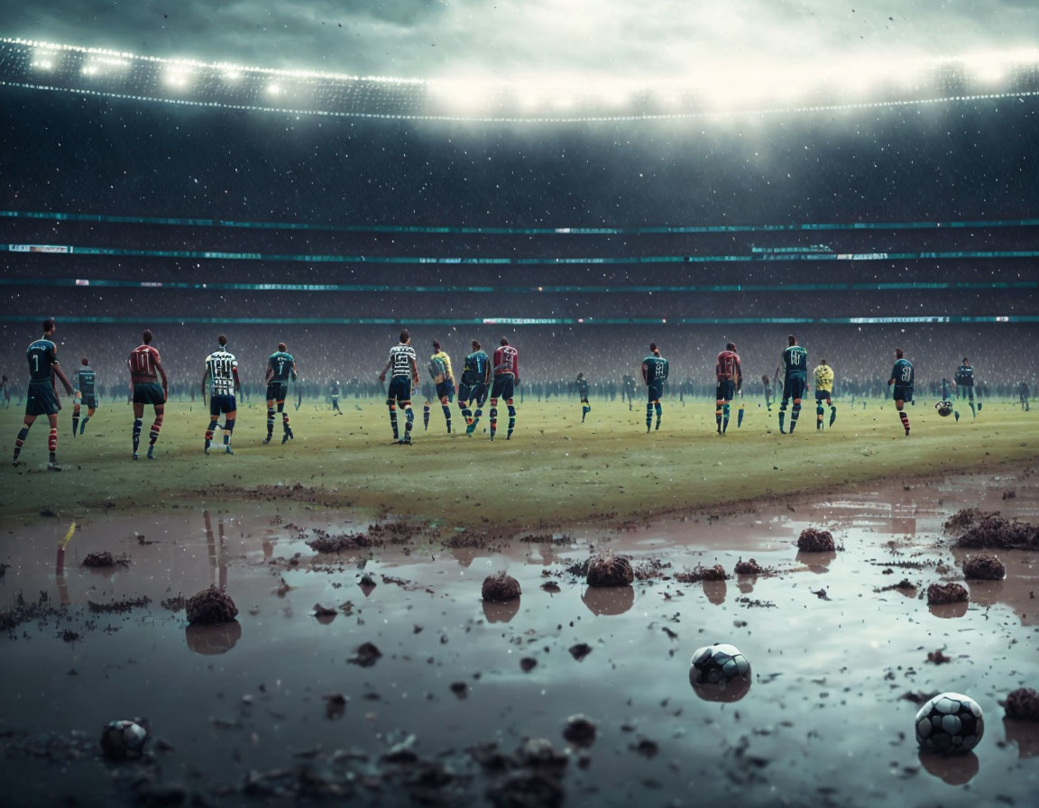 Muddy soccer field with players, scattered balls, and spectators on a rainy day