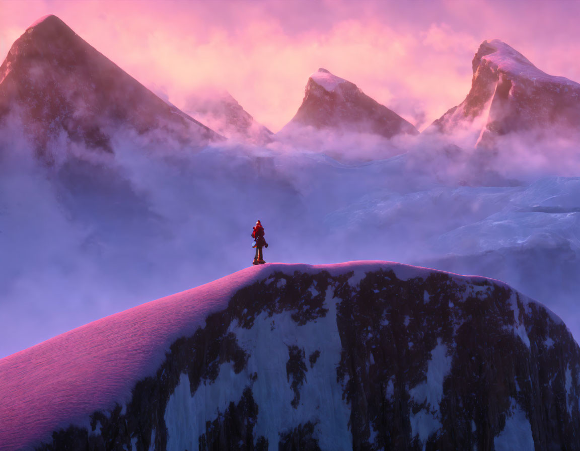 Snow-covered ridge with purple mountains and swirling clouds at sunset