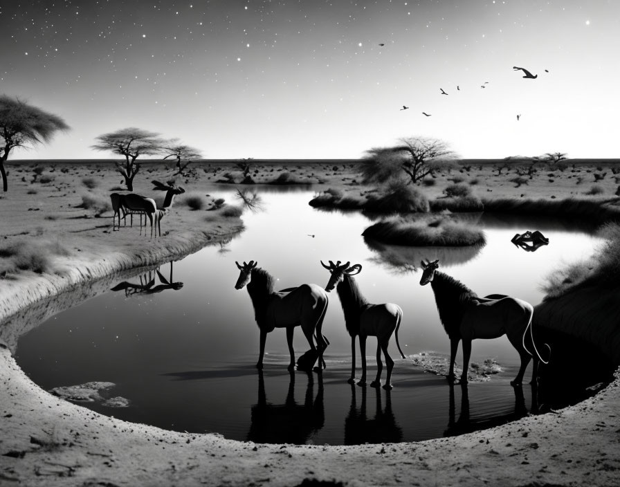 Monochrome image: Antelopes at waterhole under starry sky