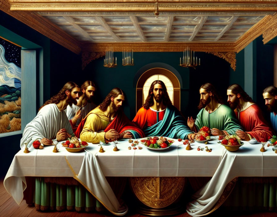 Religious painting of Last Supper scene with Jesus and disciples at table