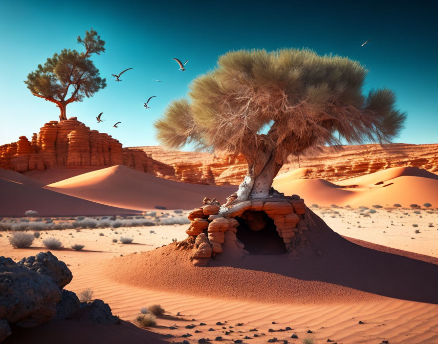 Solitary tree on sandstone hill under clear sky with flying birds