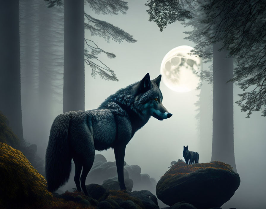 Misty forest scene: wolf under full moon.