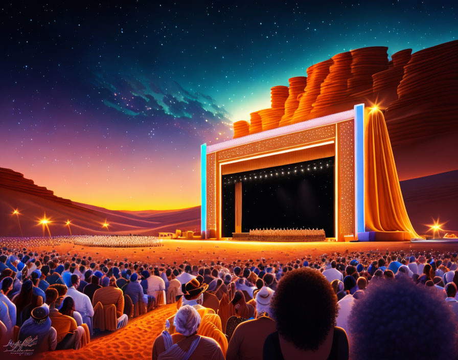 Outdoor Night-Time Theater with Desert Sky Backdrop and Illuminated Stage