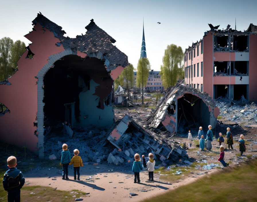 Collapsed Buildings Amid Clear Sky with Intact Structures