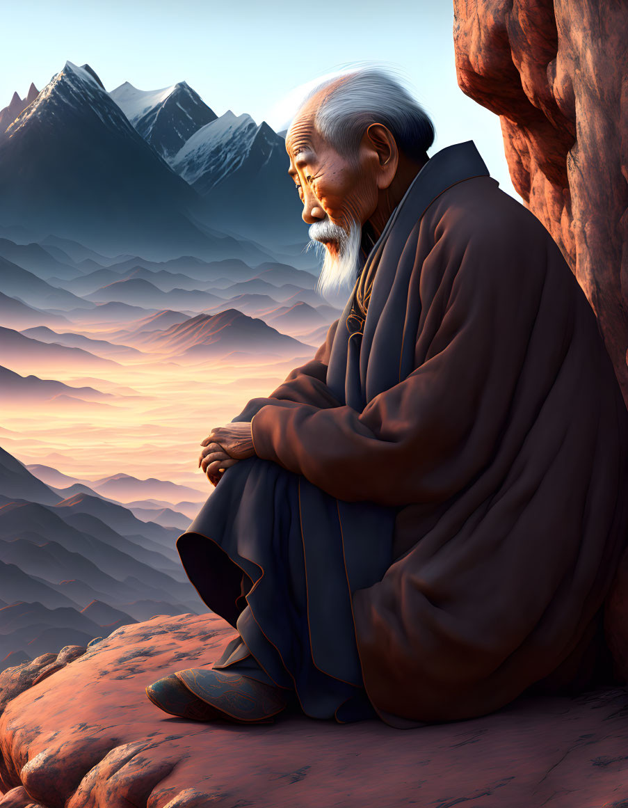 Elderly man in traditional robes on mountain ledge at sunrise