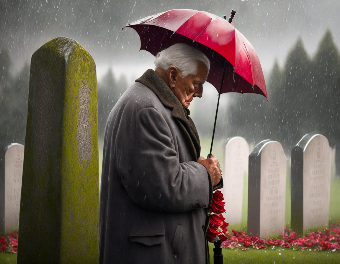 Elderly person under red and white umbrella in rainy cemetery