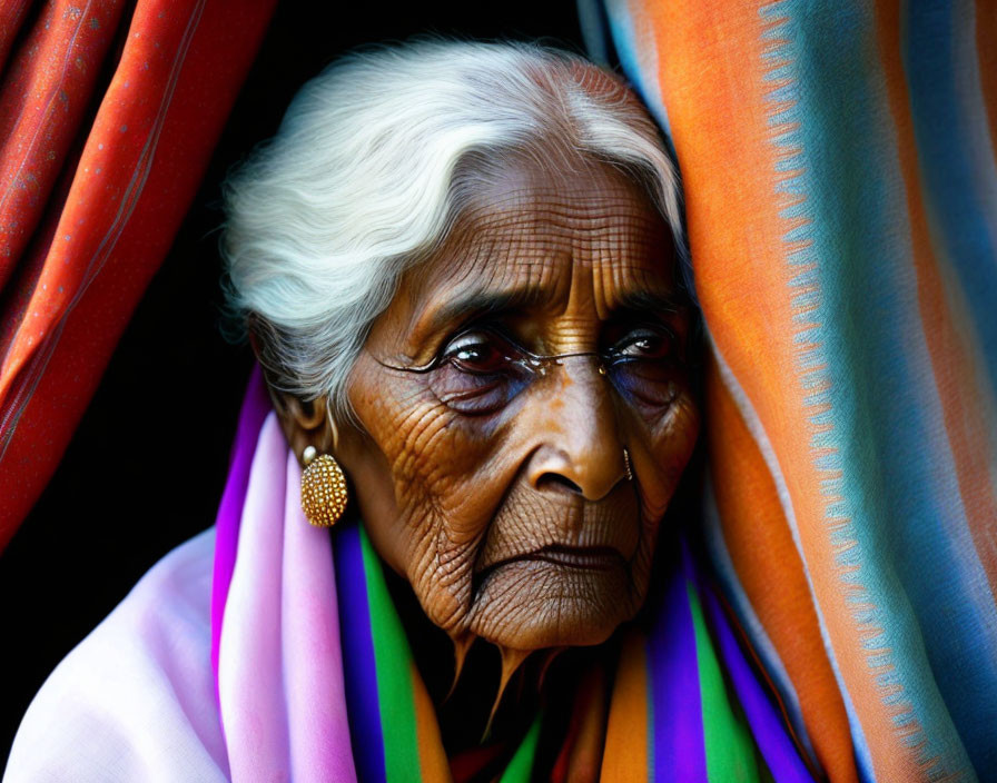 Elderly woman with white hair and golden earrings in colorful fabrics gazes sideways