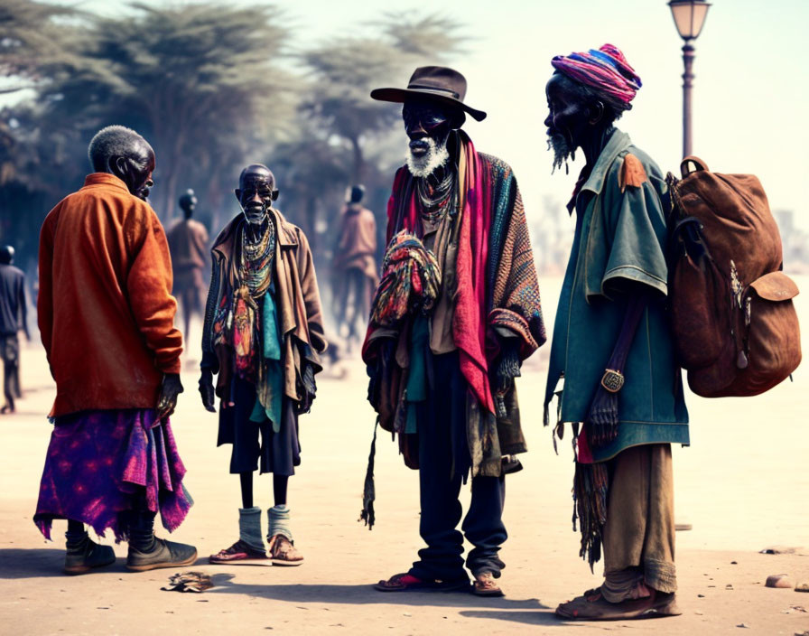 Group of elderly men in traditional attire chatting on dusty street