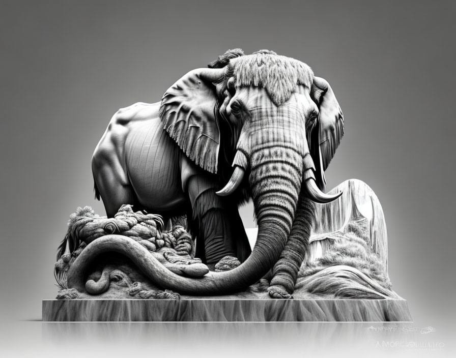 Detailed grayscale elephant sculpture with lush vegetation and animals.