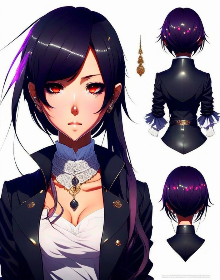 Anime character: Long black hair, red eyes, Victorian outfit, ruffled necktie, golden accessories