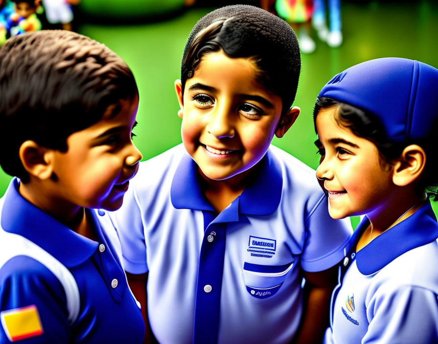 Three Children in Blue School Uniforms Chatting in Caps