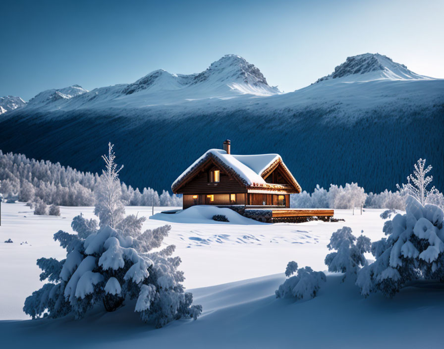 Snow-covered log cabin in serene winter landscape.