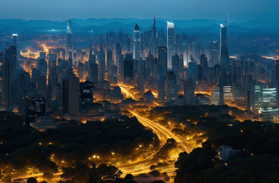 Urban night cityscape with illuminated streets, skyscrapers, mountains, and dusky sky