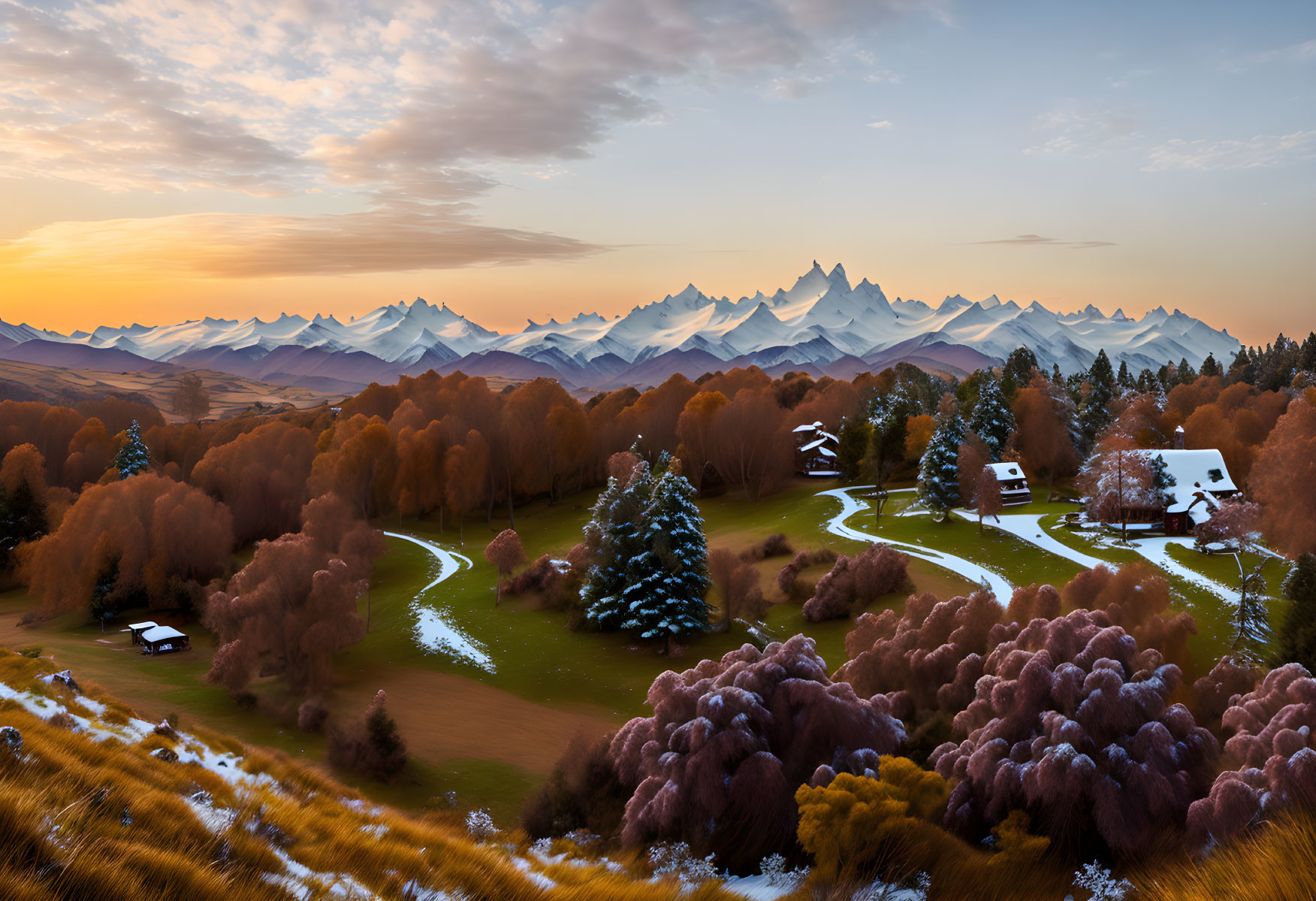 Scenic autumn to winter landscape with snow-covered roofs and amber trees