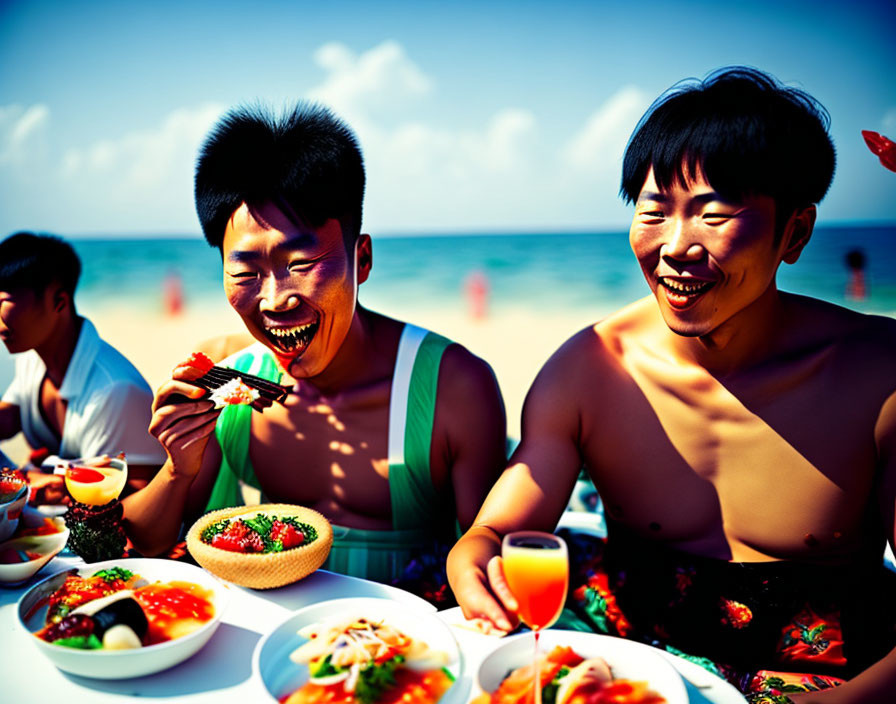 Vibrant beachside table with people eating and laughing