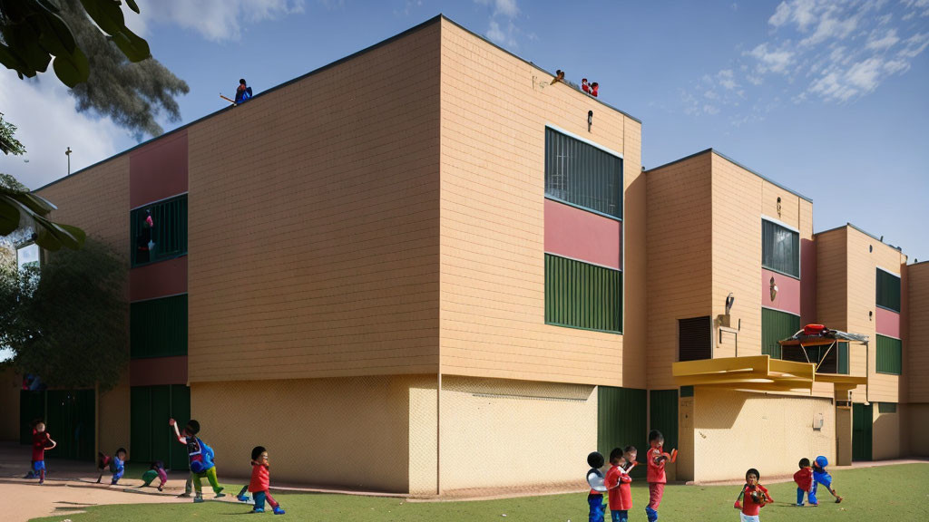 Kids playing near modern school building, peers in windows.