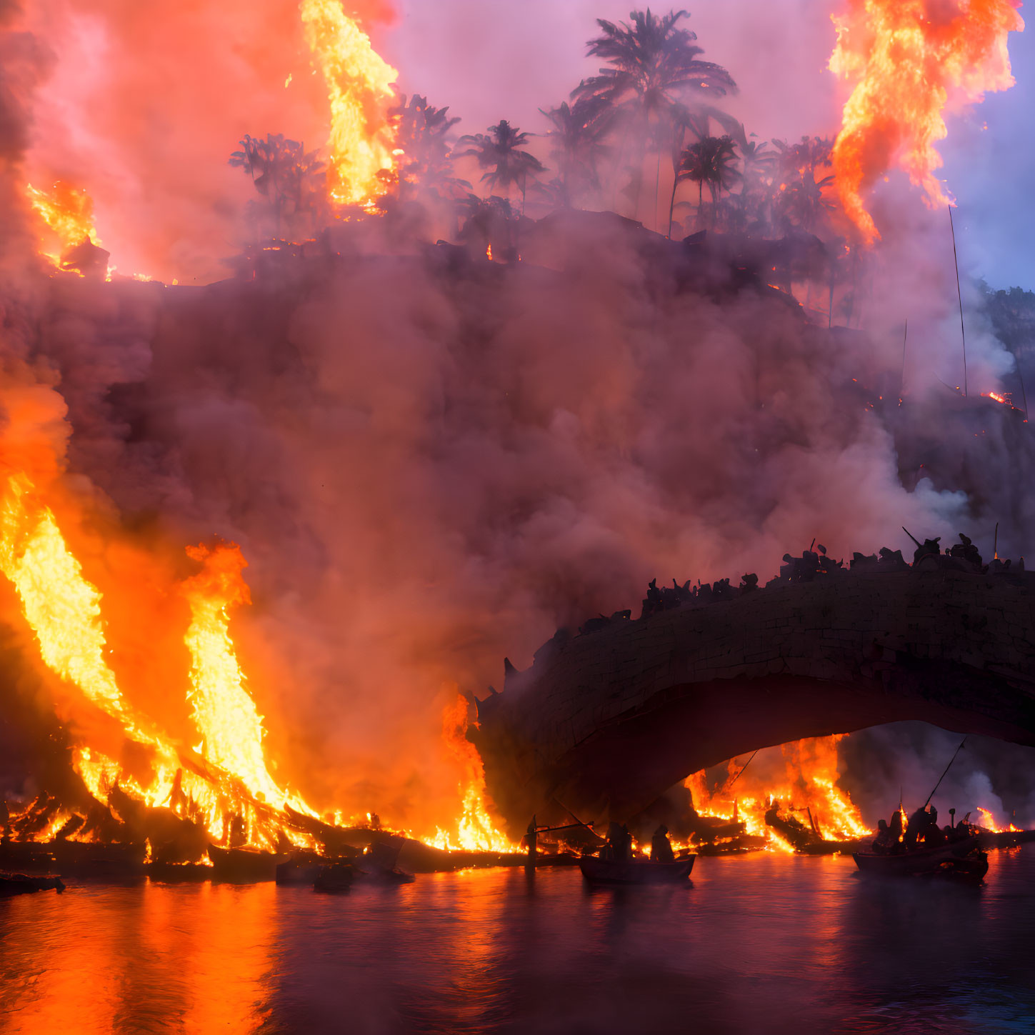 Fiery bridge and riverside engulfed in intense flames and smoke