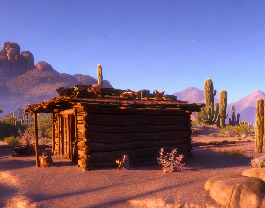 Rustic log cabin in desert twilight with cacti and starry sky