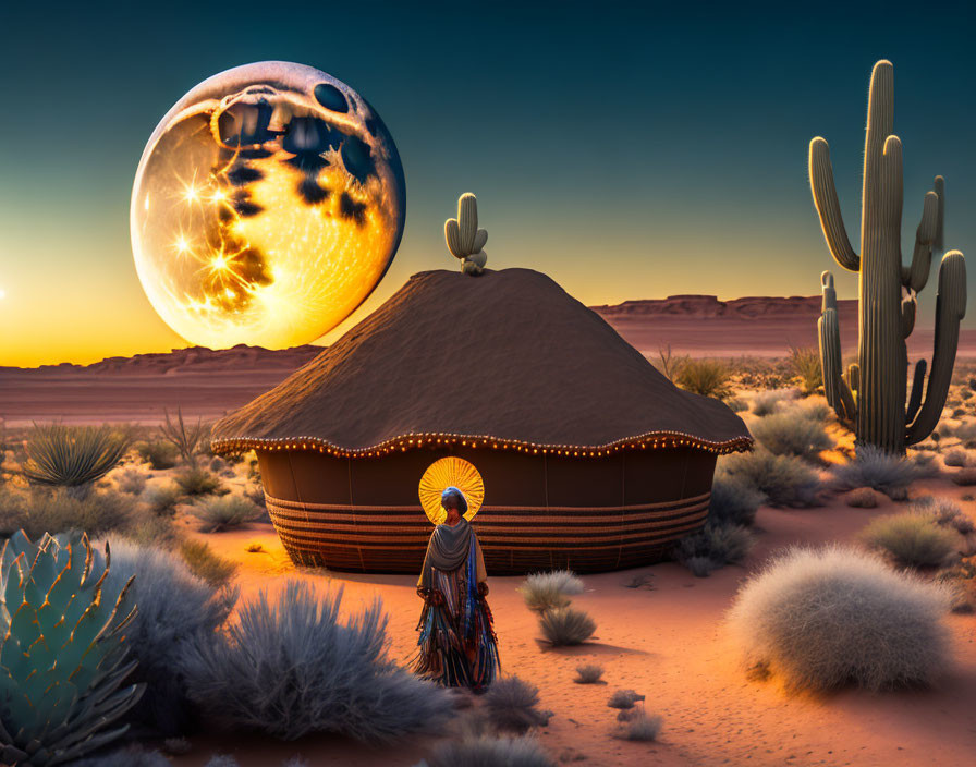 Person standing before traditional hut in desert under fantastical moon with sun-like eruptions