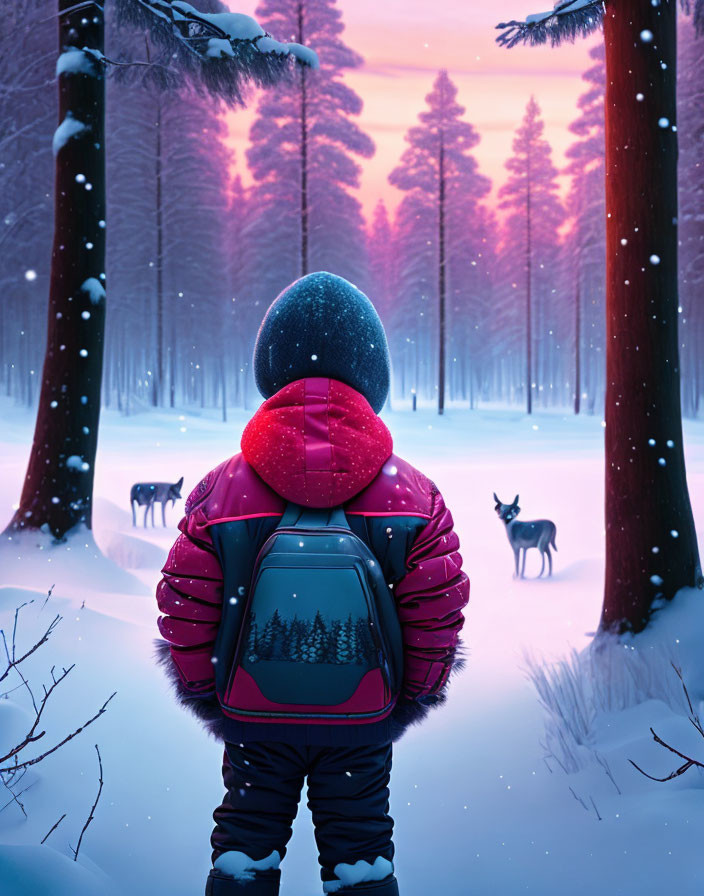 Person in red jacket observes colorful sky in snowy forest at dusk with deer.