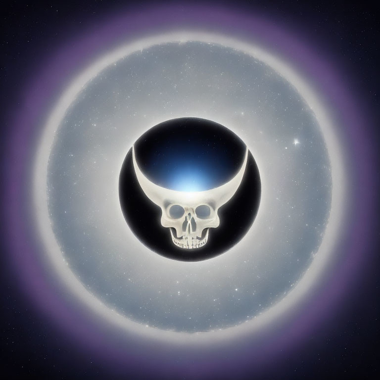 Digital art: Skull with crescent moon in starry night sky