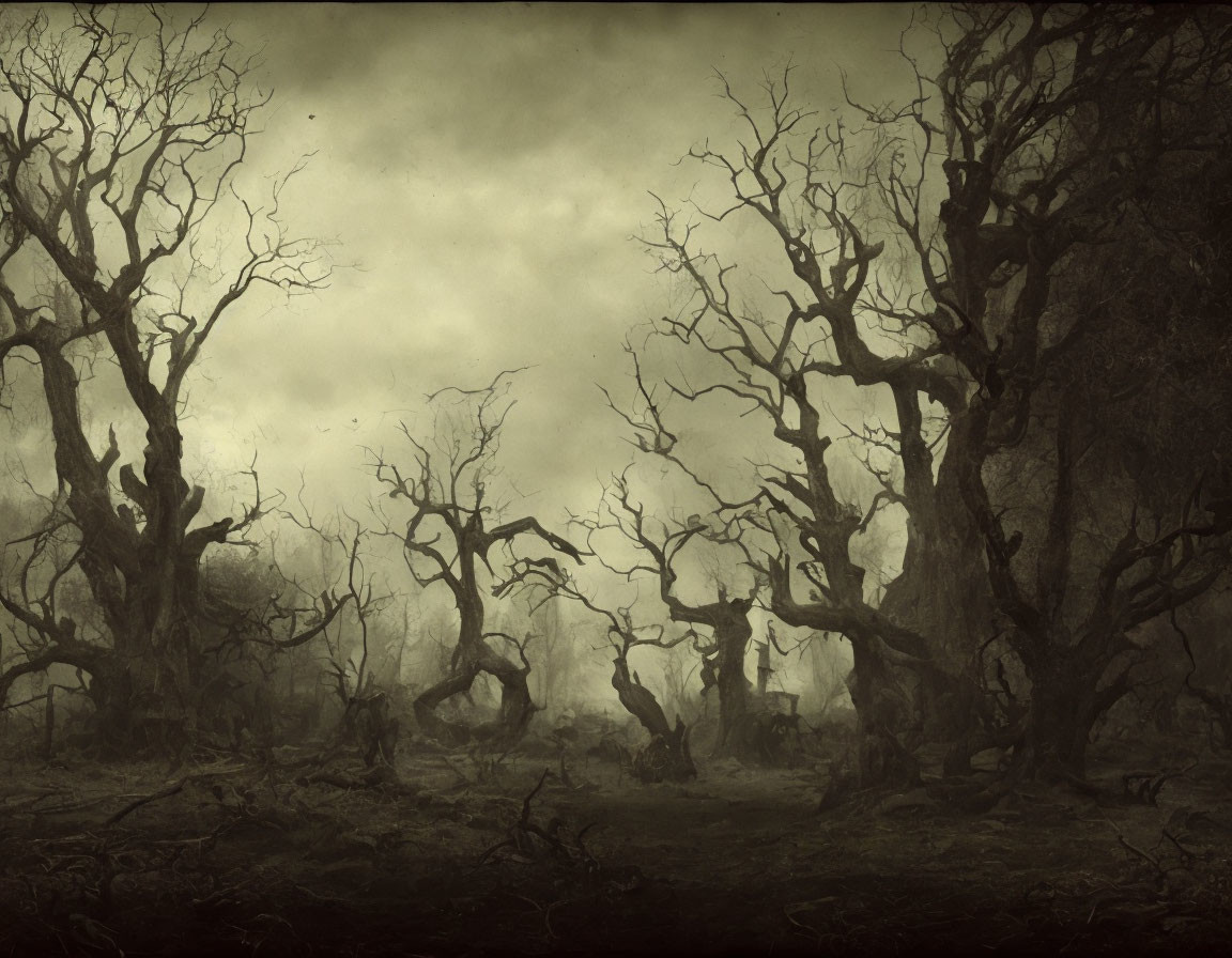 Barren twisted trees in eerie dark forest