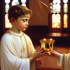 Angelic figures in white robes with golden details in a room with stained glass windows