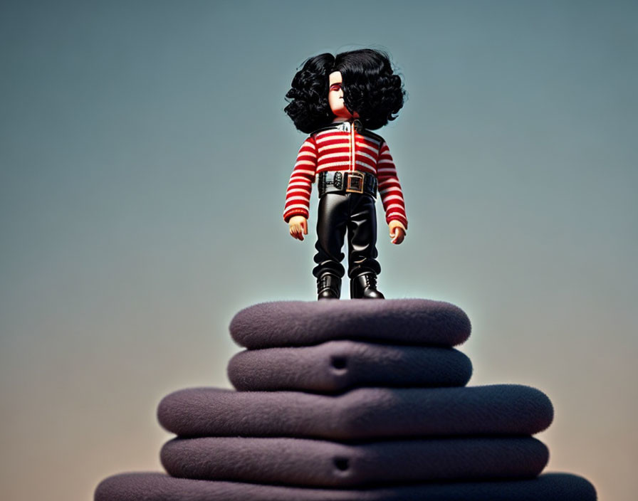 Black-haired toy figure in red-striped shirt on violet cushions against blue sky