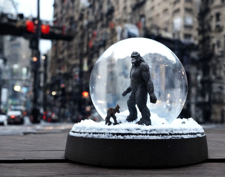 Snow globe with large and small gorilla figures on snowy city street