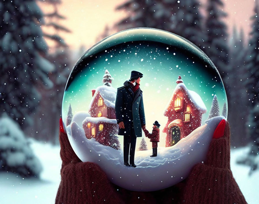 Hands holding snow globe with winter scene of adult & child in snow-covered village