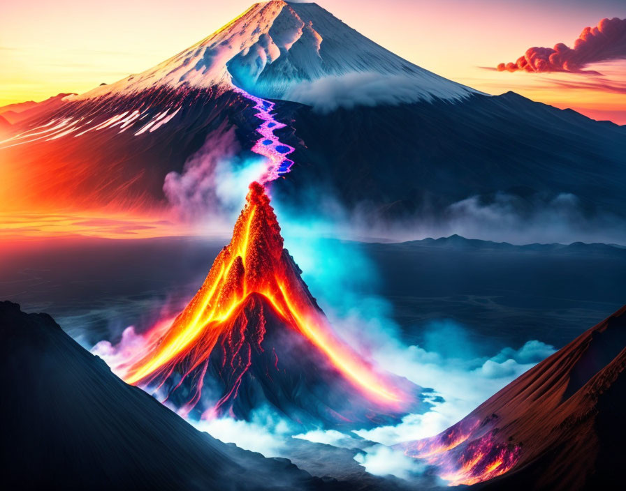 Volcanic eruption with flowing lava against mountain backdrop