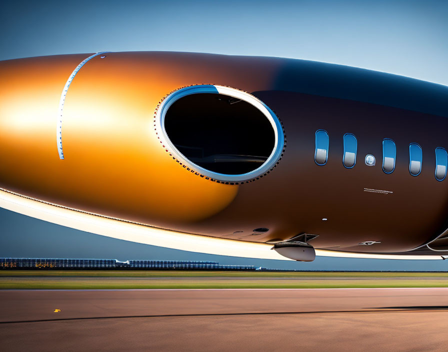 Brown airplane fuselage with windows parked on tarmac