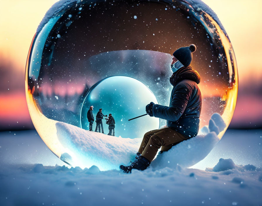 Transparent bubble person observes two others in snow at sunset