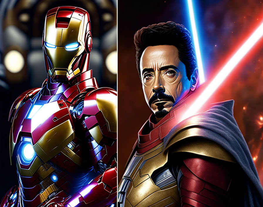 Iron Man in armor and man resembling Tony Stark with glowing light split image