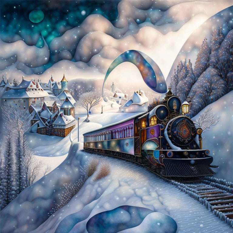 Vintage train painting in snowy landscape with starry sky and colorful windows