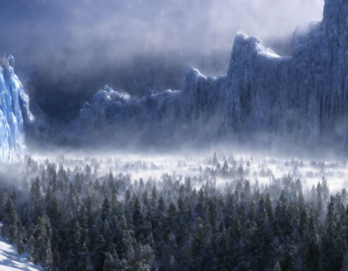 Snow-covered landscape with frosty trees, misty forest, and rugged cliffs.