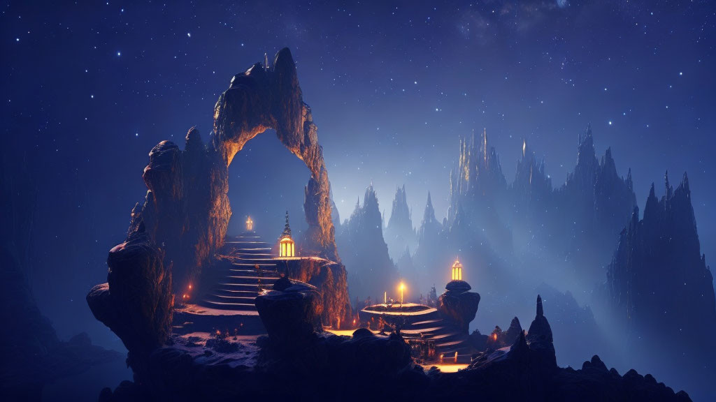 Mystical night landscape with illuminated stone archway