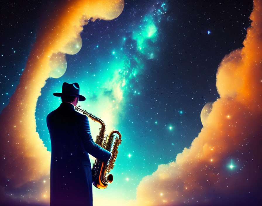 Silhouetted lone saxophonist against vibrant cosmic backdrop