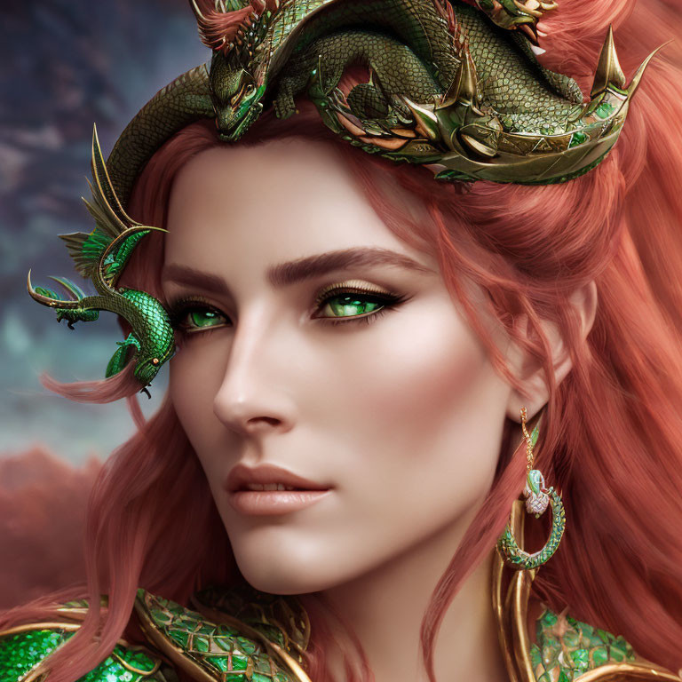 Red-haired woman in dragon-themed attire with green eyes radiates mystique