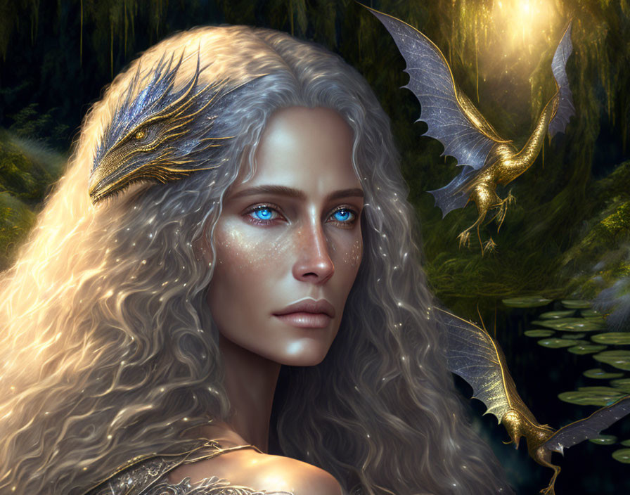 Fantasy artwork of woman with pale skin and blue eyes blending with dragon-like creature in enchanted forest.