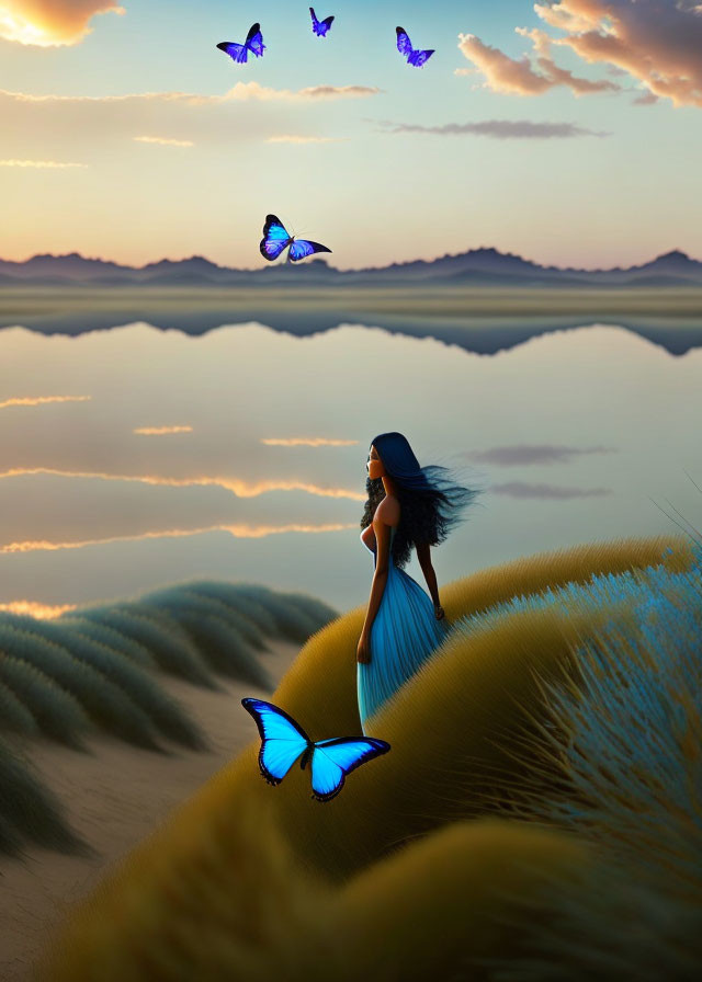 Woman in Blue Dress on Sand Dune at Sunset with Butterflies