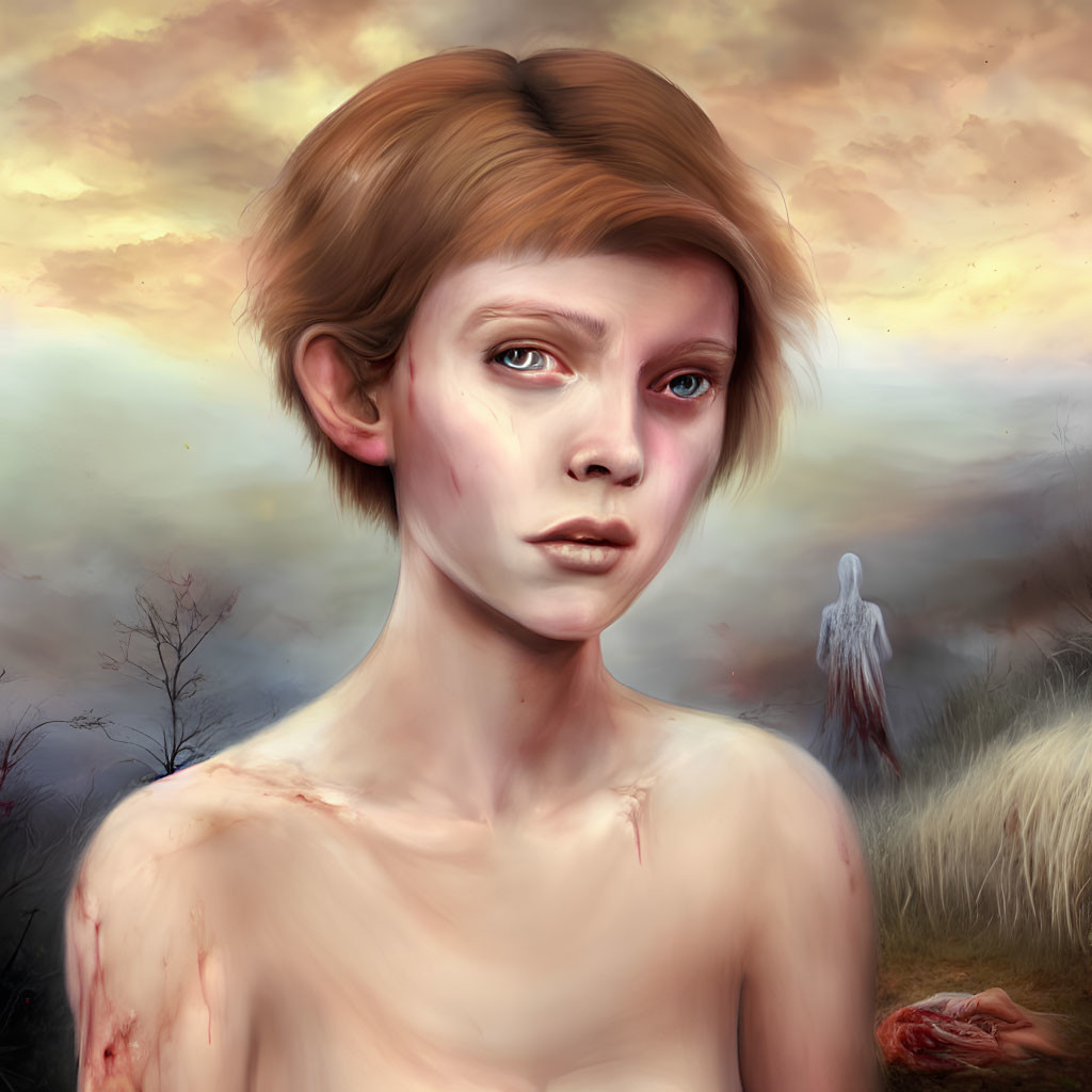 Young person with elfin features in somber expression against eerie landscape with ghostly figure