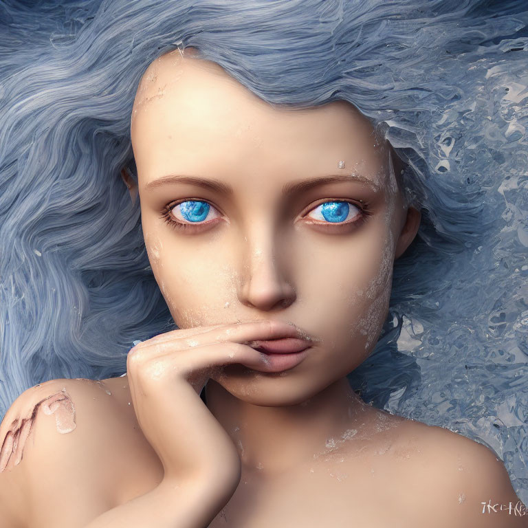 Detailed digital art of female figure with blue eyes, hair, and icy skin