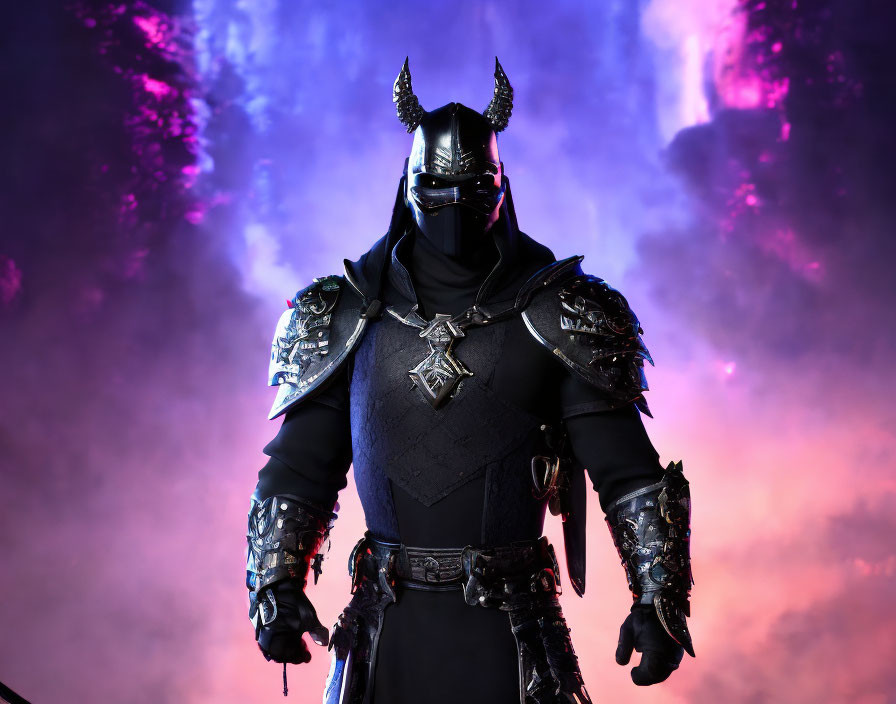 Medieval-themed figure in dark armor against purple smoke background