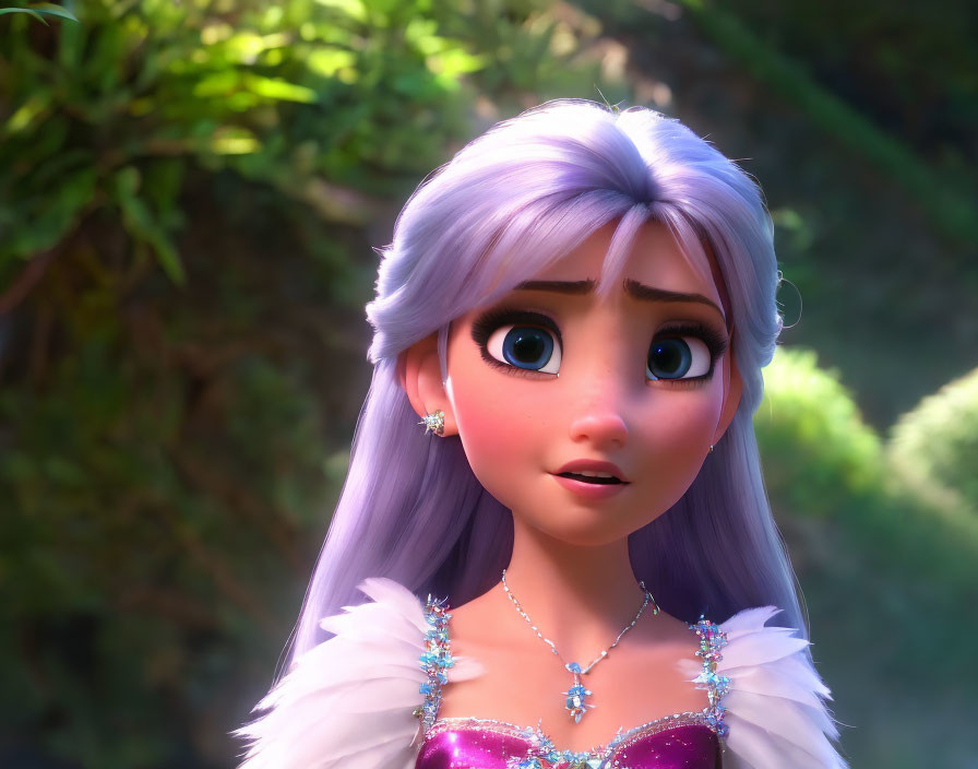 Animated young female character with big eyes and lavender hair in sparkly purple dress.